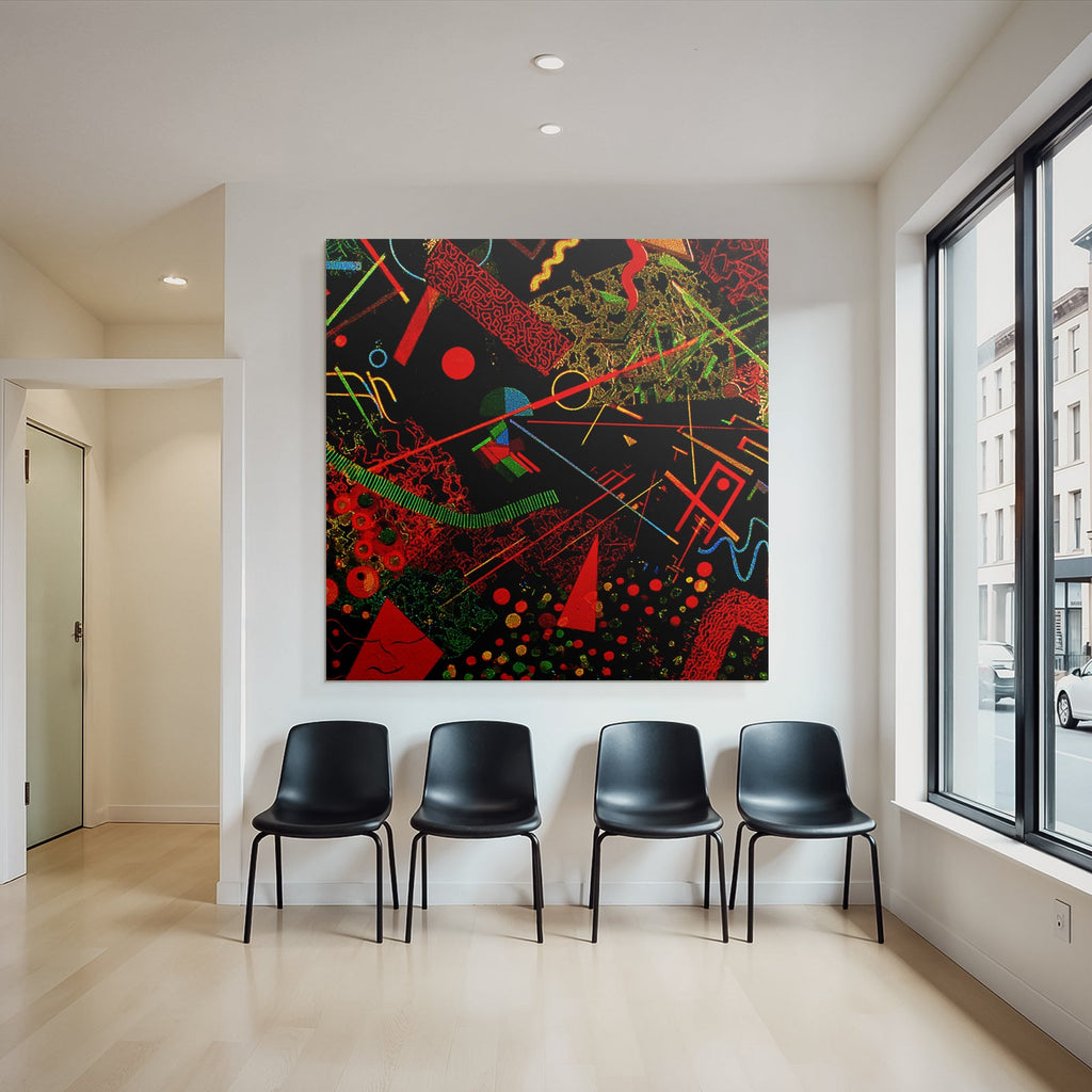 Neon Und Popfarben Bunt Abstraktes Design Mit Geometrischen Formen Auf Schwarzem Hintergrund