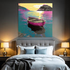 Neon Und Popfarben Bunte Boot Auf Dem Wasser Mit Land Im Hintergrund