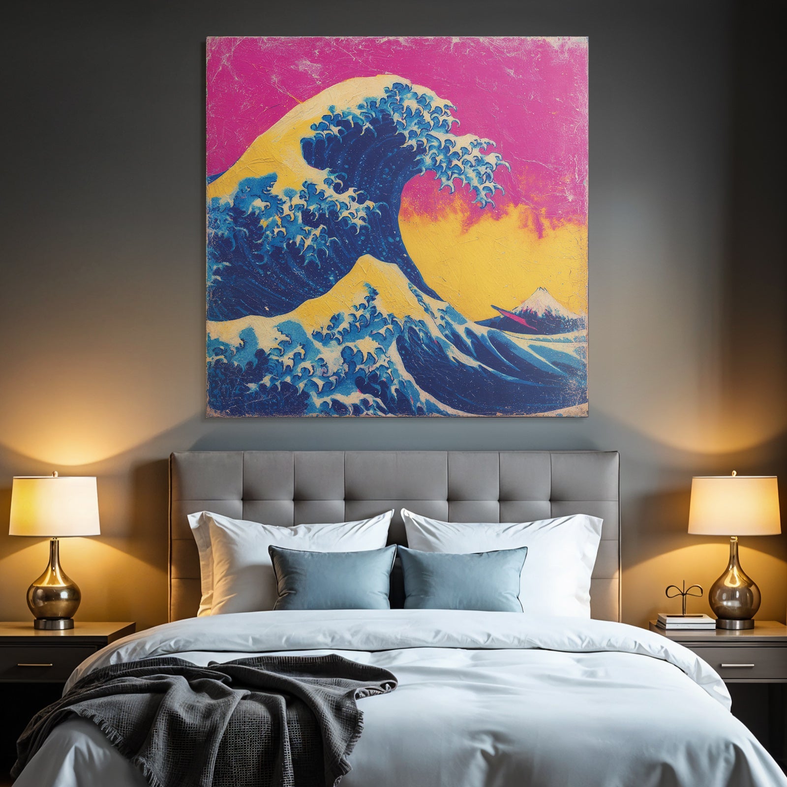 Neon and pop colors big wave against vibrant background with mountain