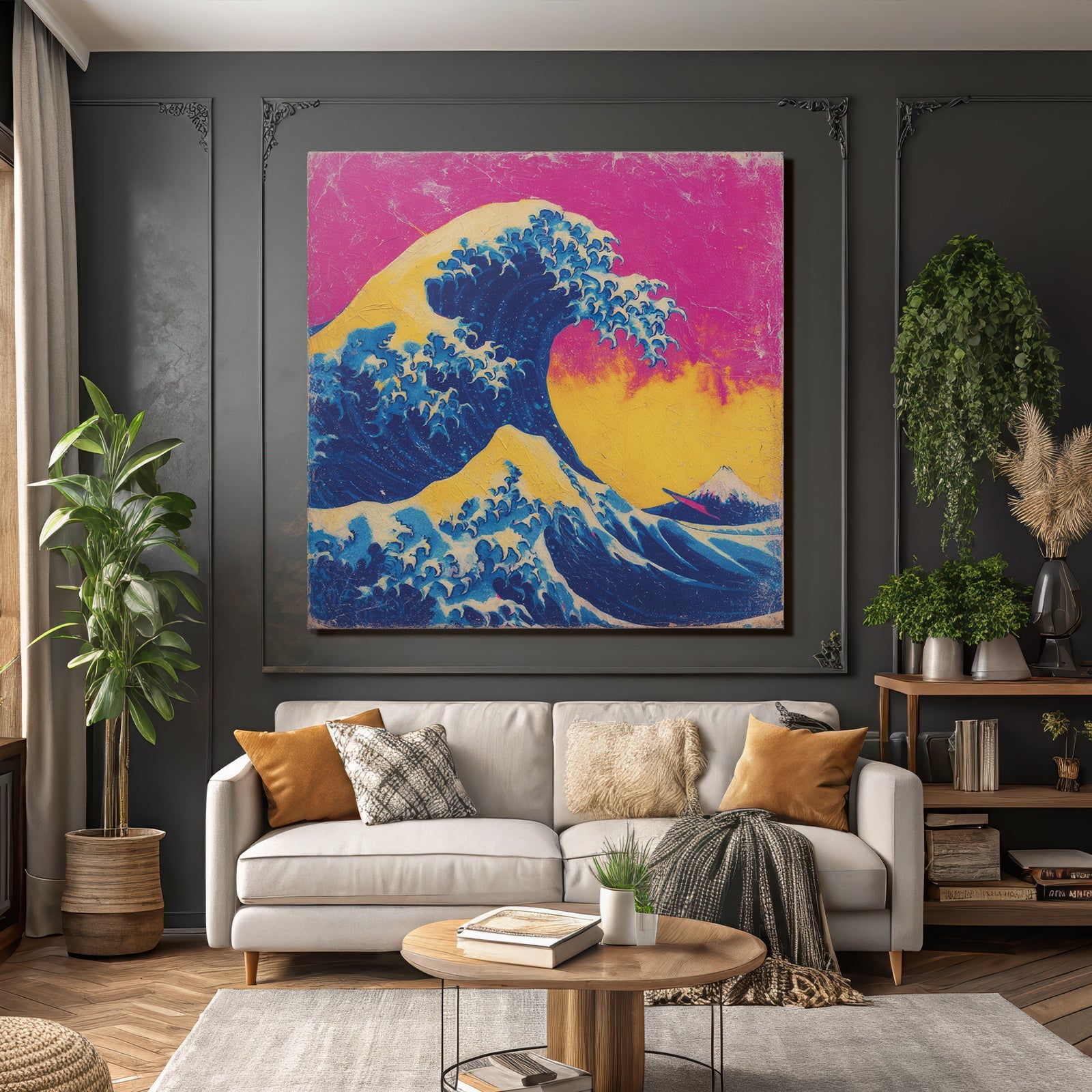 Neon and pop colors big wave against vibrant background with mountain