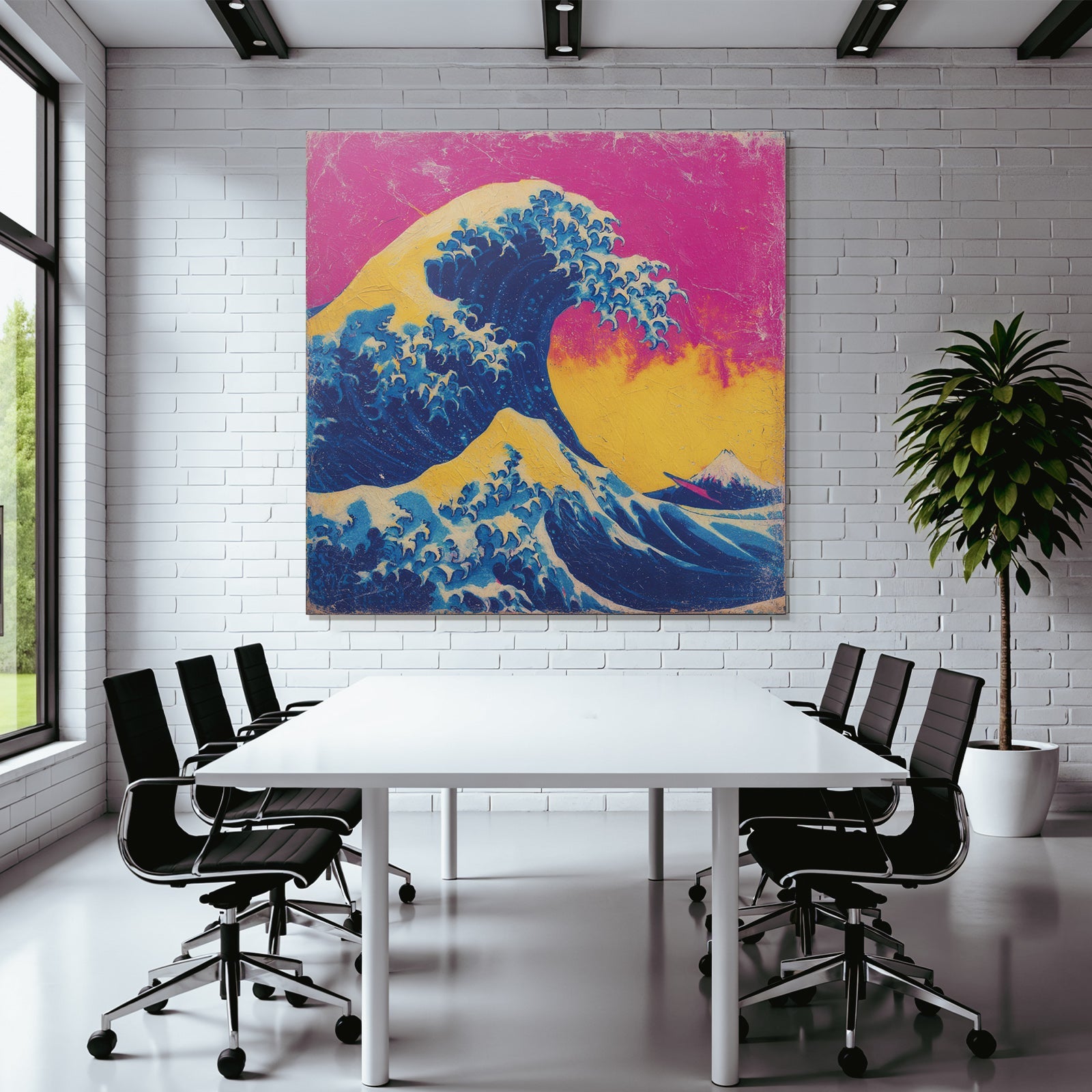Neon and pop colors big wave against vibrant background with mountain