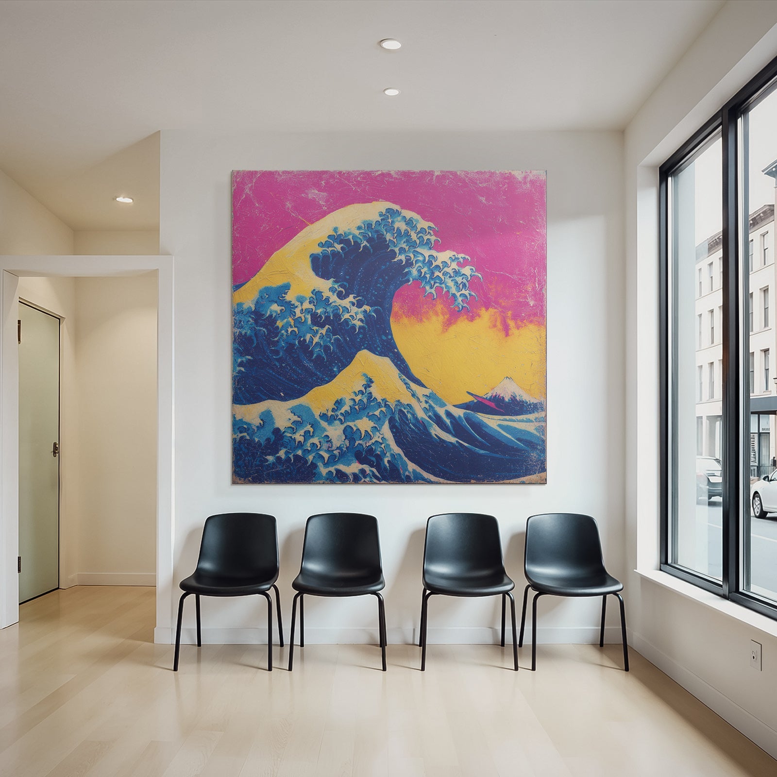 Neon and pop colors big wave against vibrant background with mountain