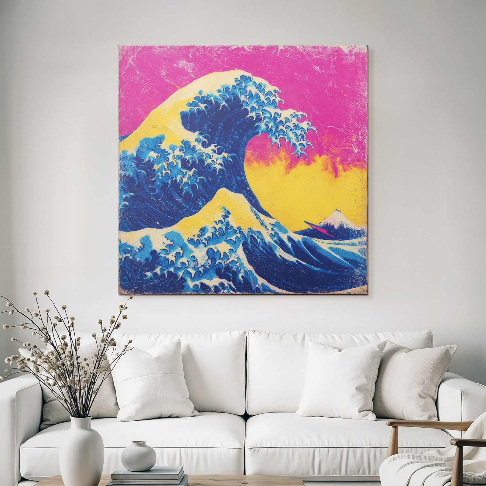 Neon and pop colors big wave against vibrant background with mountain