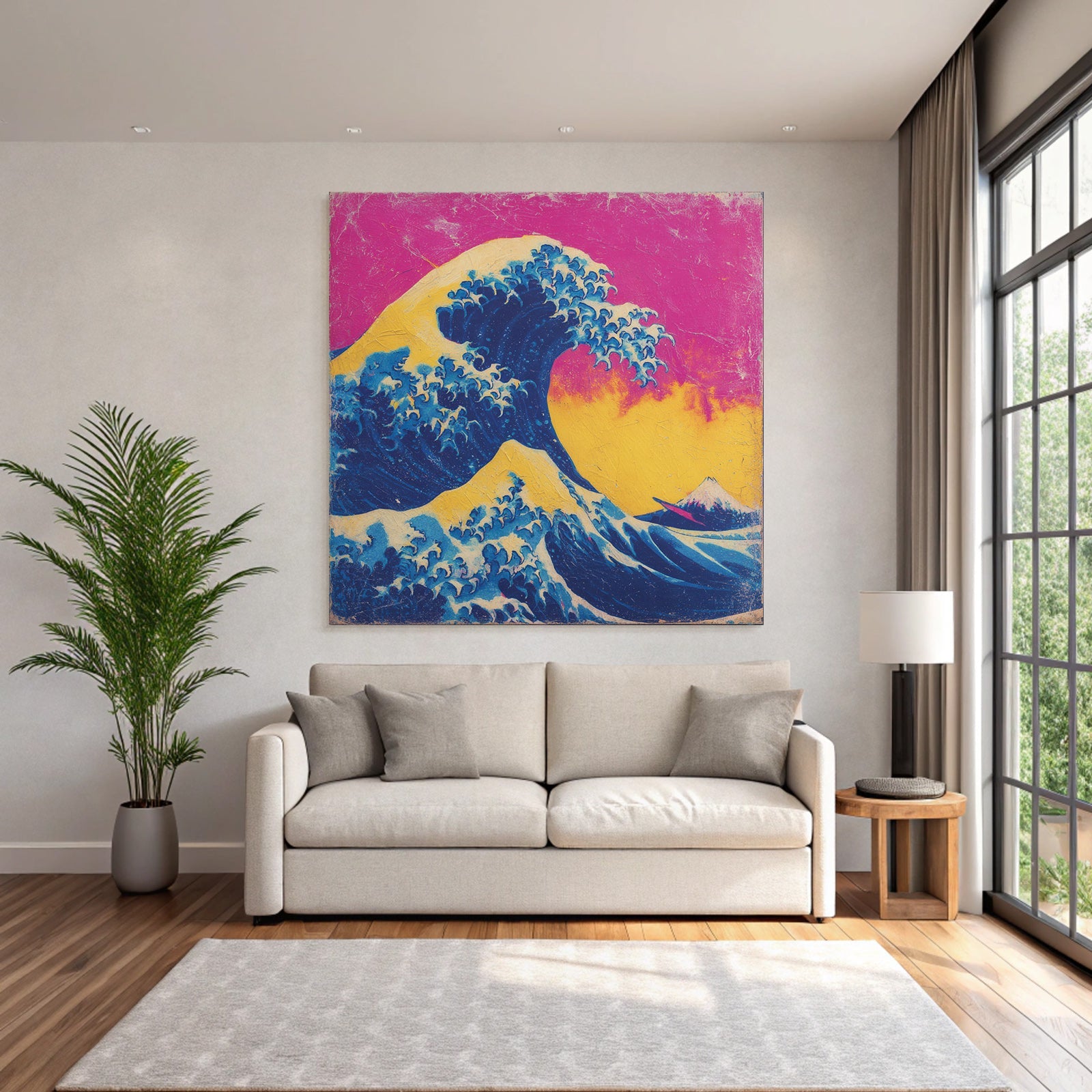 Neon and pop colors big wave against vibrant background with mountain