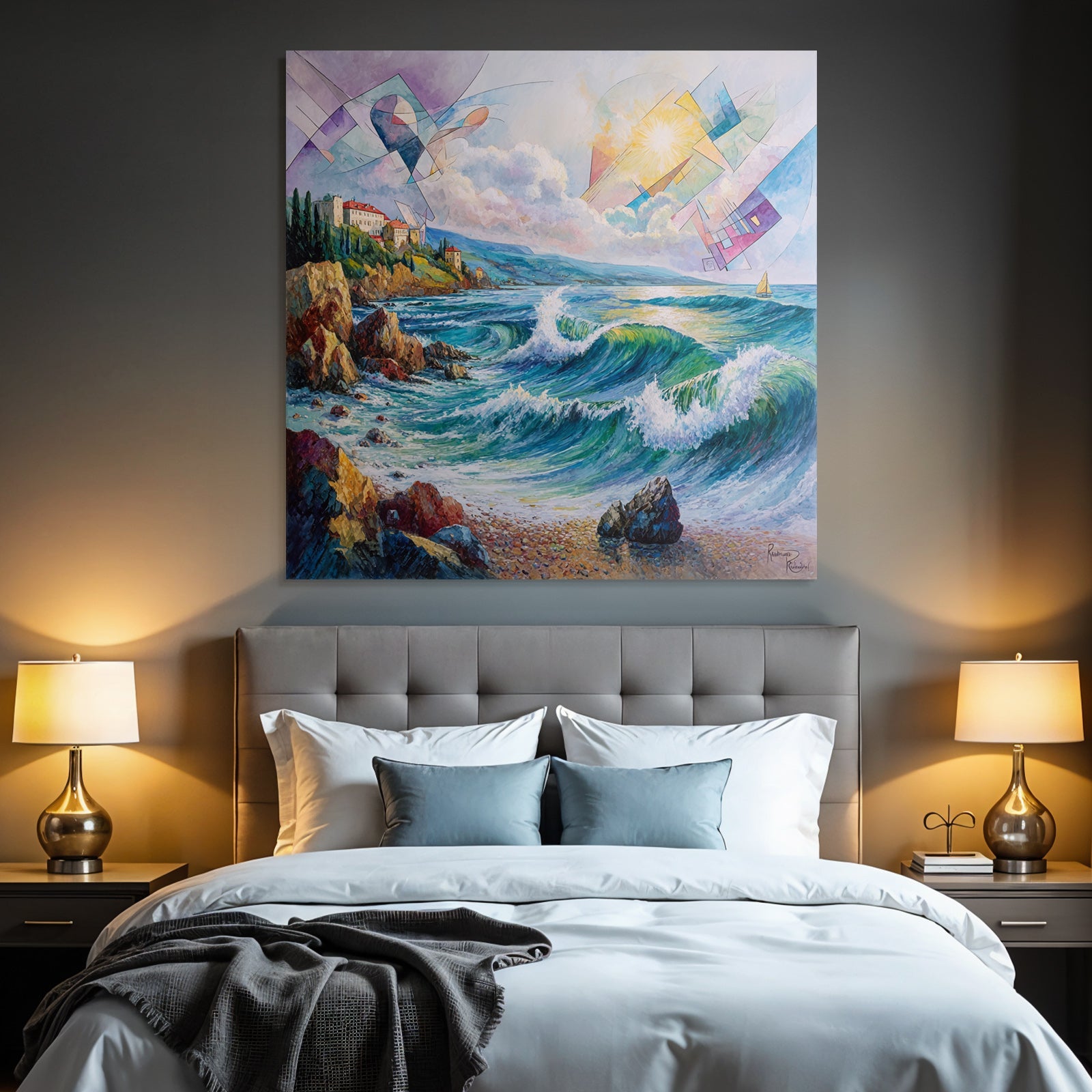Neon and pop colors coastal landscape with waves and geometric shapes