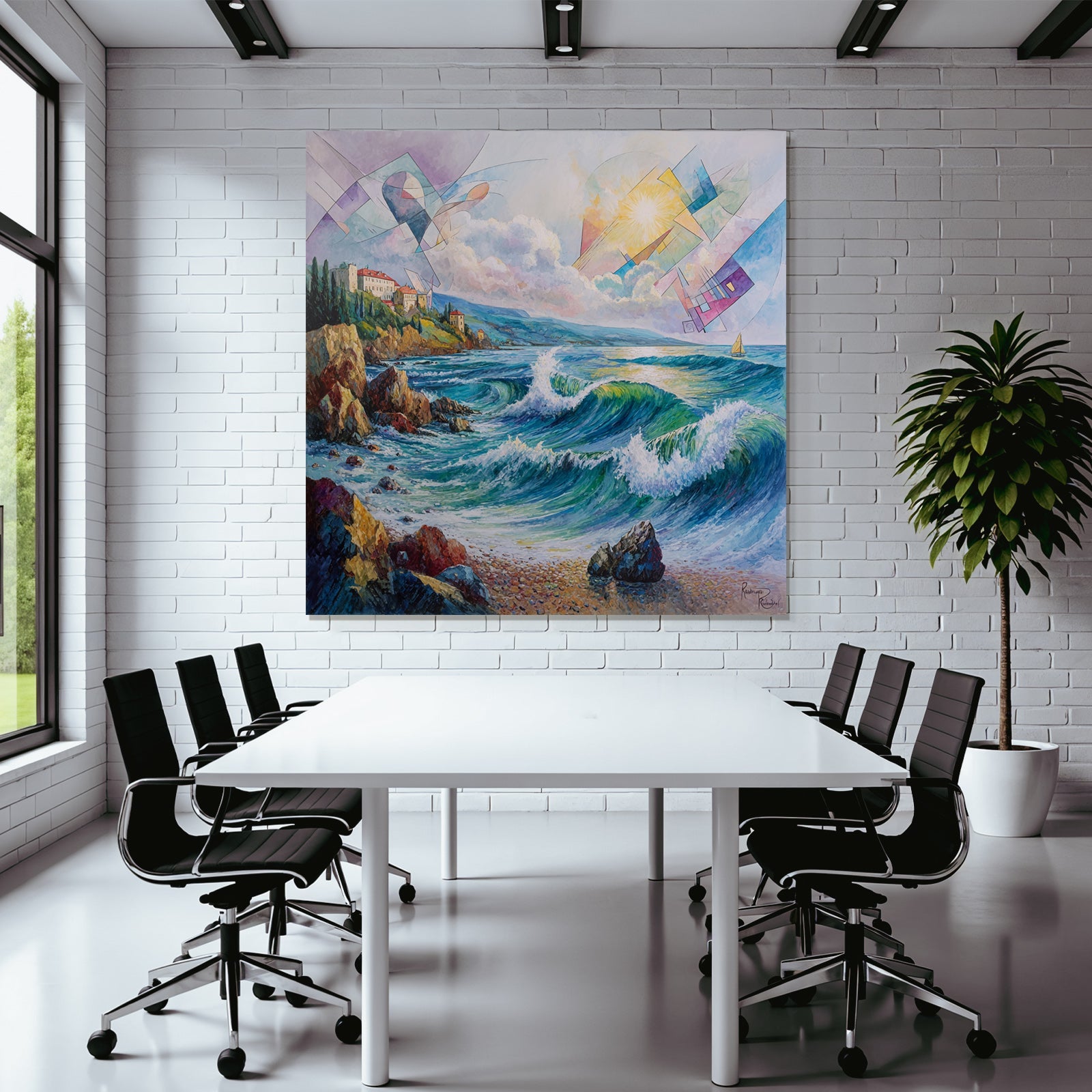 Neon and pop colors coastal landscape with waves and geometric shapes