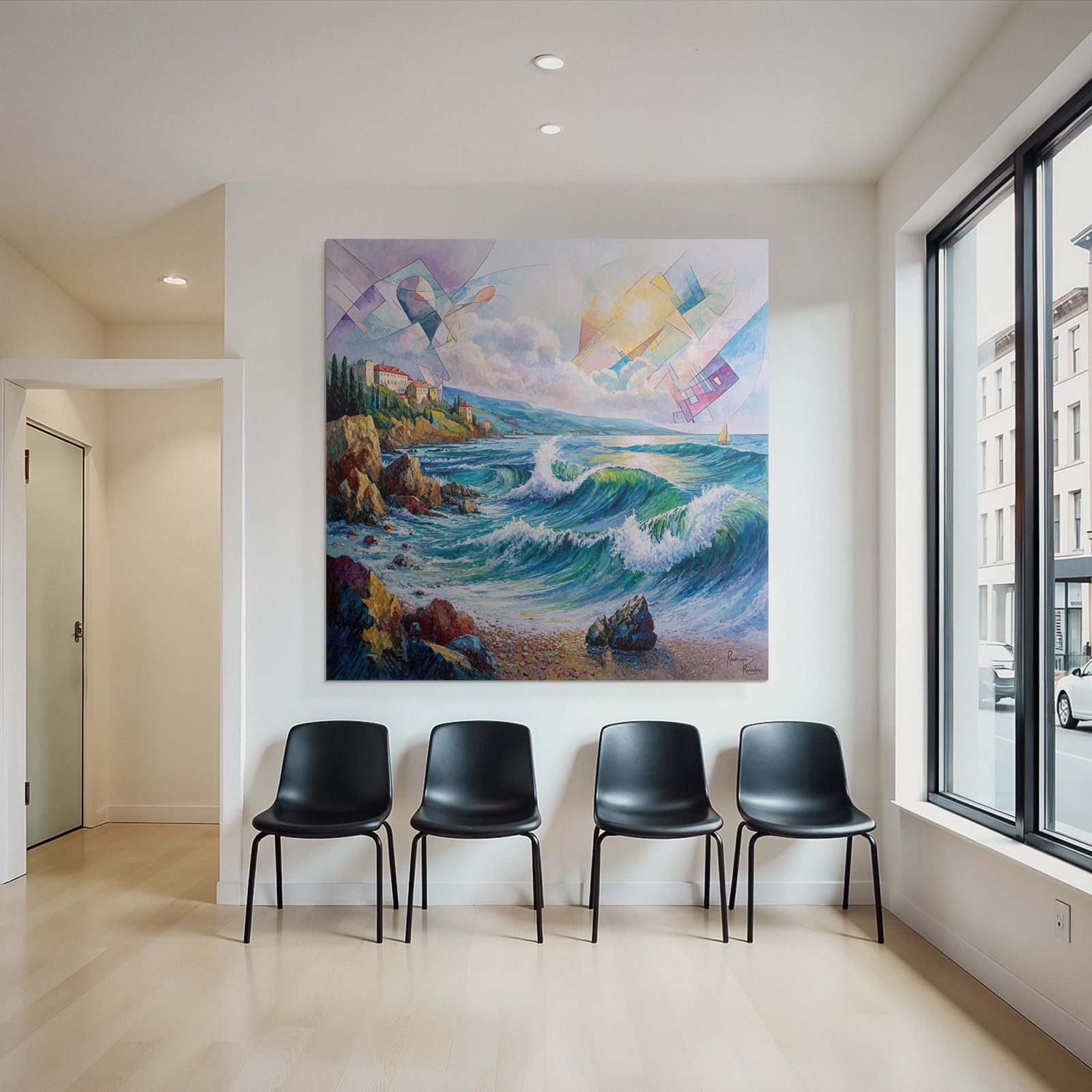 Neon and pop colors coastal landscape with waves and geometric shapes