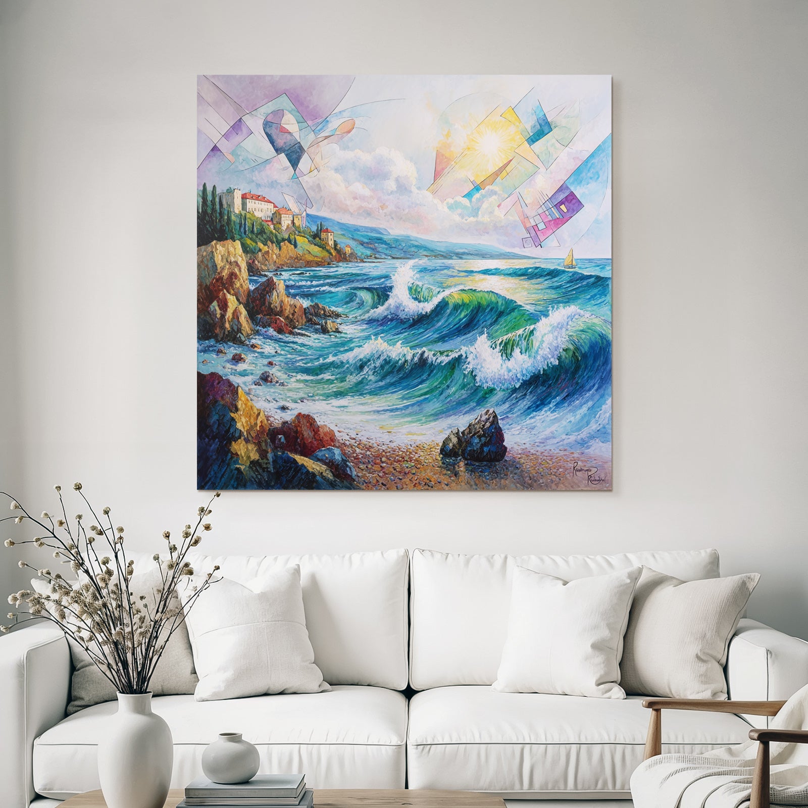 Neon and pop colors coastal landscape with waves and geometric shapes