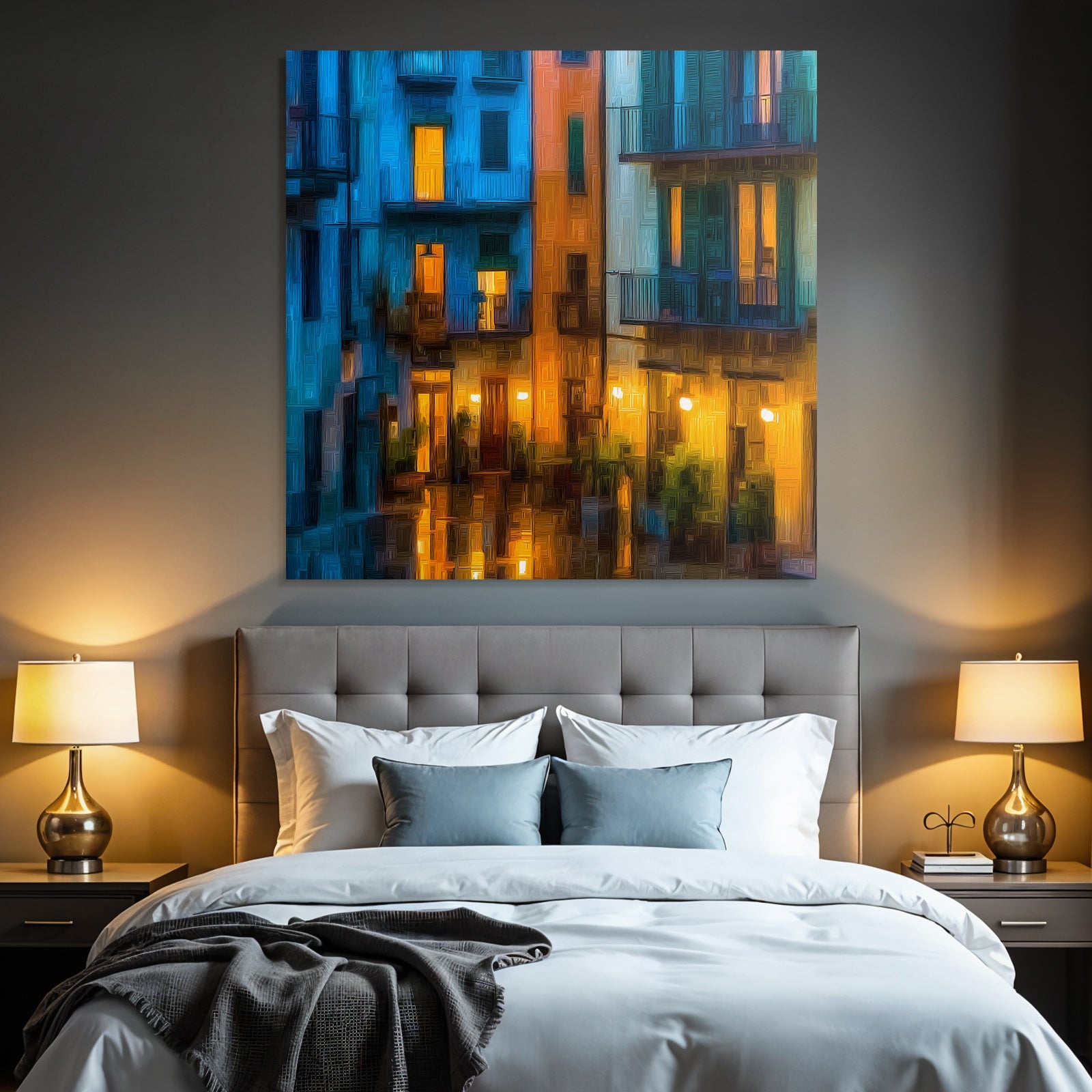Neon and pop colors City scenes at night Mediterranean architecture Reflections in the water