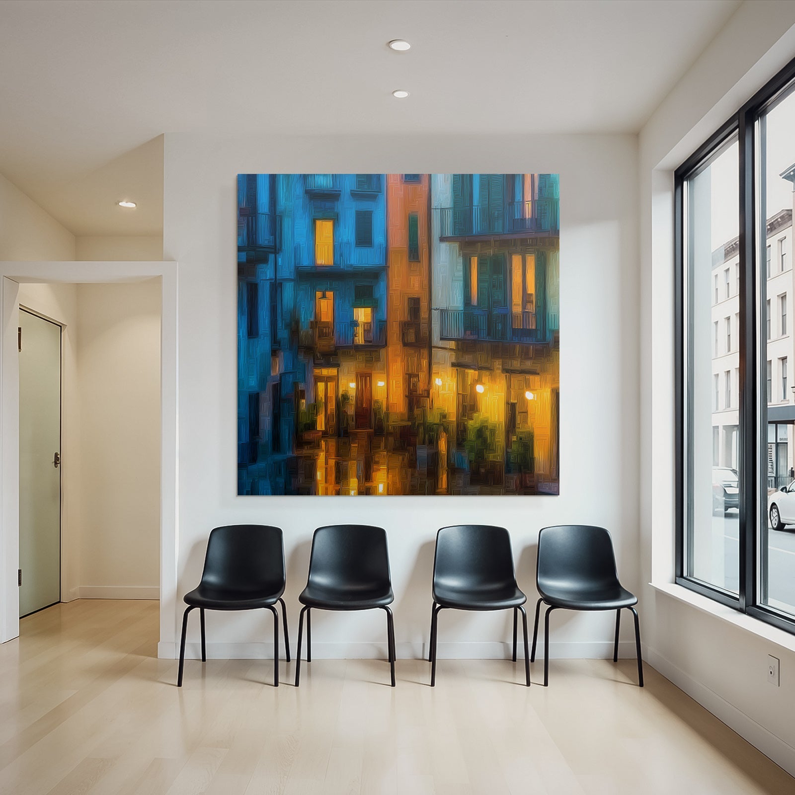 Neon and pop colors City scenes at night Mediterranean architecture Reflections in the water