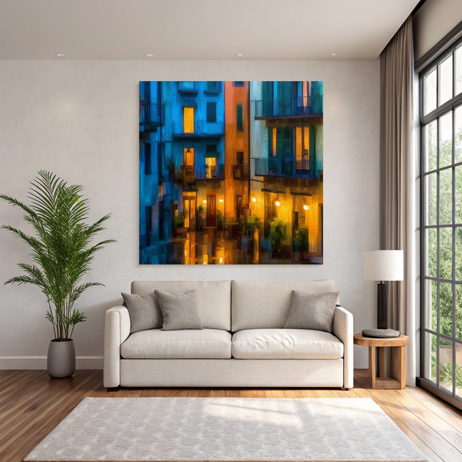 Neon and pop colors City scenes at night Mediterranean architecture Reflections in the water