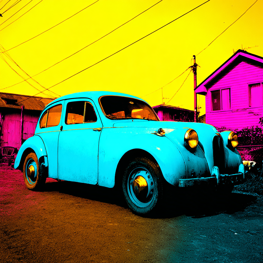 Neon Und Popfarben Vintage Auto Turquoise Hintergrund Gelb Und Rosa | Neon und Popfarben | Farbenwelten