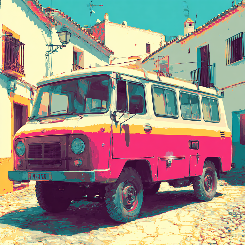 Neon Und Popfarben Vintage Van Pink Yellow Cobblestone Street Whitewashed Buildings | Neon und Popfarben | Farbenwelten