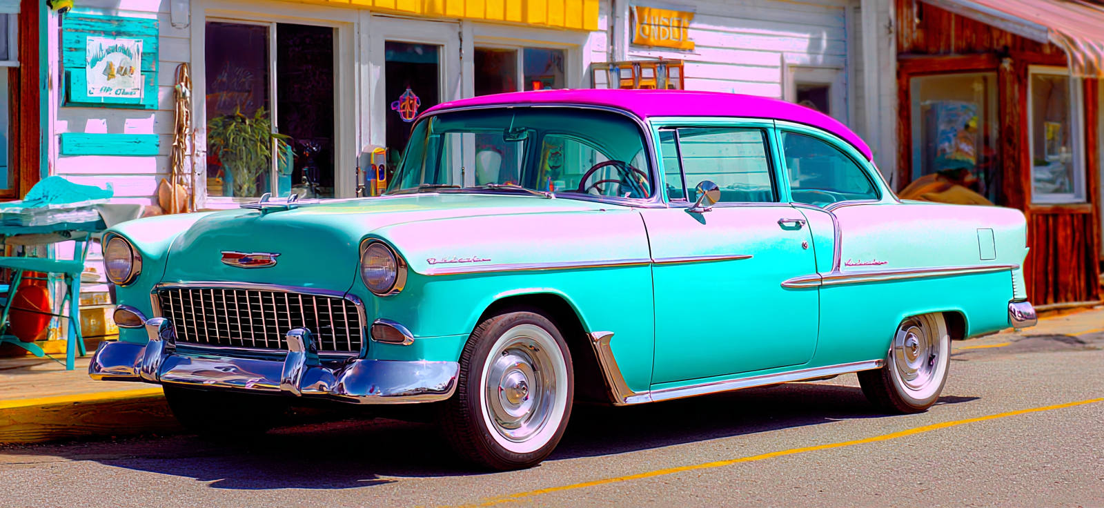 Neon Und Popfarben Chevrolet Türkis Rosa Vintage Autos Parked Vor Buntem Gebäude | Neon und Popfarben | Farbenwelten