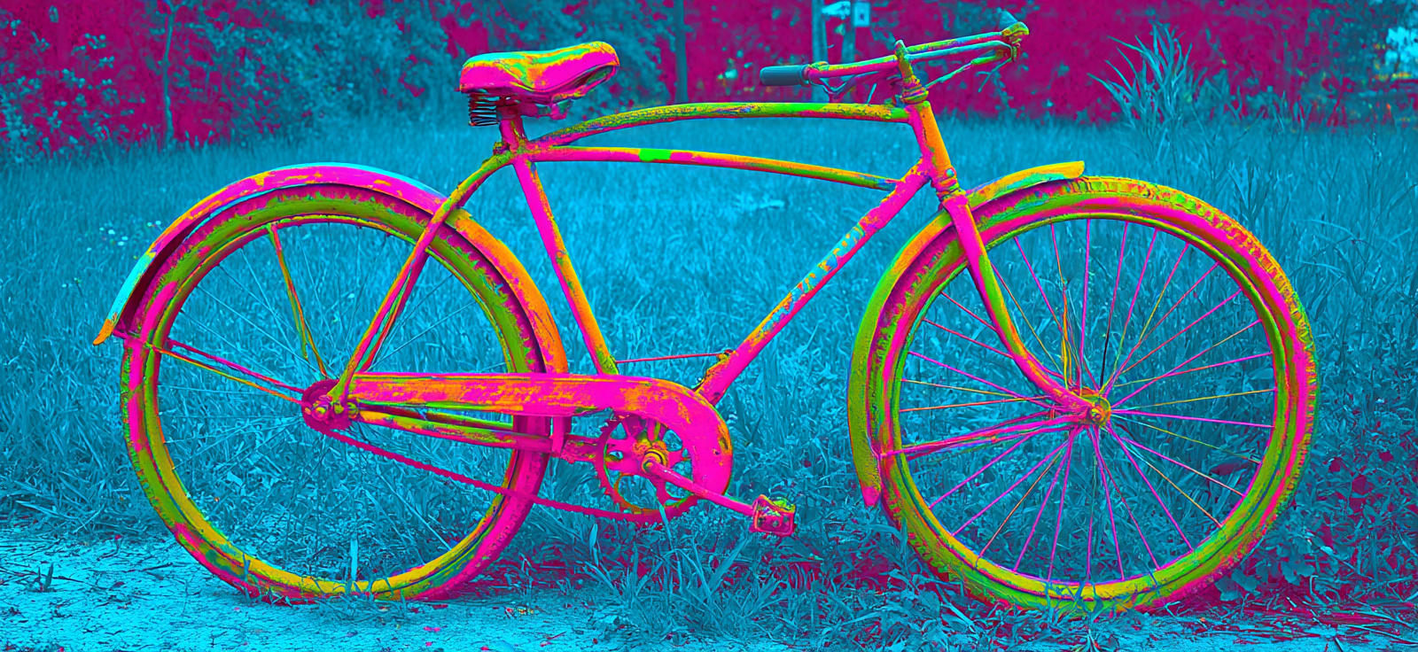 Neon Und Popfarben Kreative Darstellung Eines Fahrrads Mit Leuchtenden Farben Auf Gras Hintergrund | Neon und Popfarben | Farbenwelten