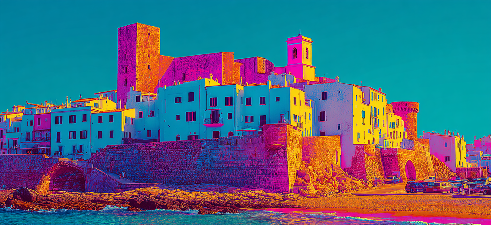 Neon Und Popfarben Küstenansicht Historisches Gebaude Mediterraner Stil Bilderbuchatmosphäre | Neon und Popfarben | Farbenwelten