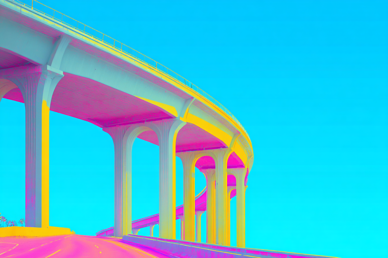 Neon Und Popfarben Stylisierte Bilder Von Autobahnüberführung Mit Vibrantem Farbschema | Neon und Popfarben | Farbenwelten