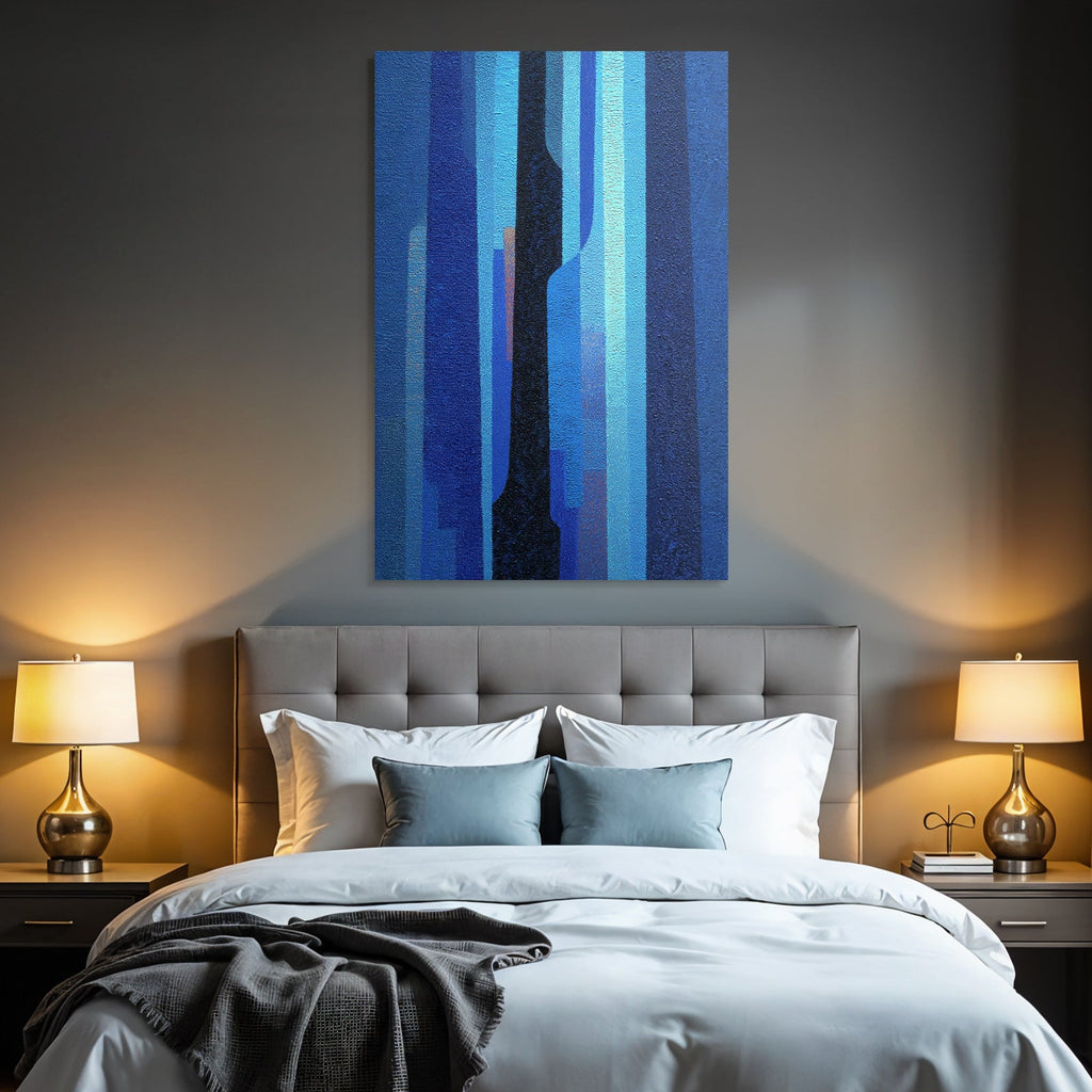 Blau Abstracte Malerei In Blau Und Schwarz Mit Vertikalen Linien
