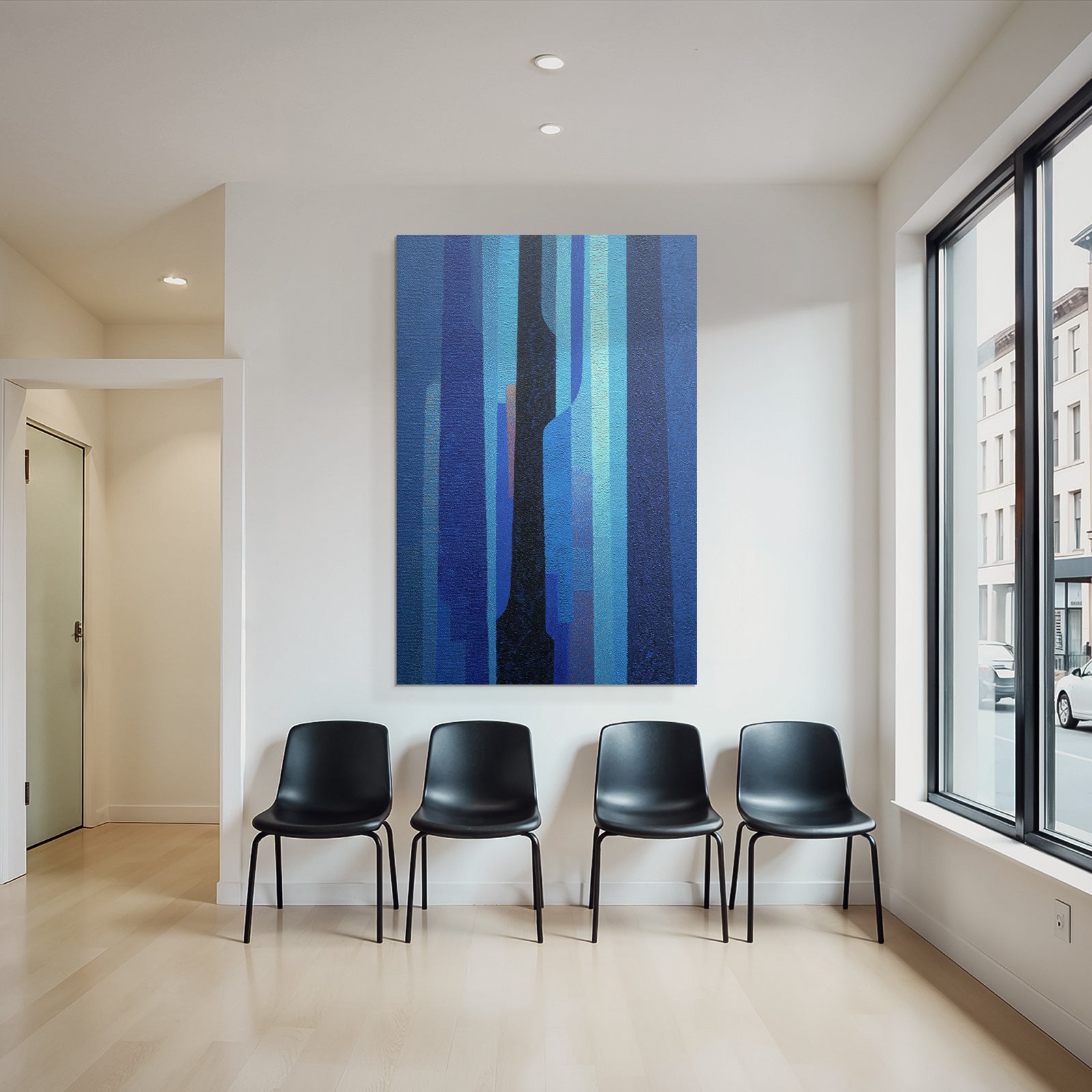 Blau Abstracte Malerei In Blau Und Schwarz Mit Vertikalen Linien