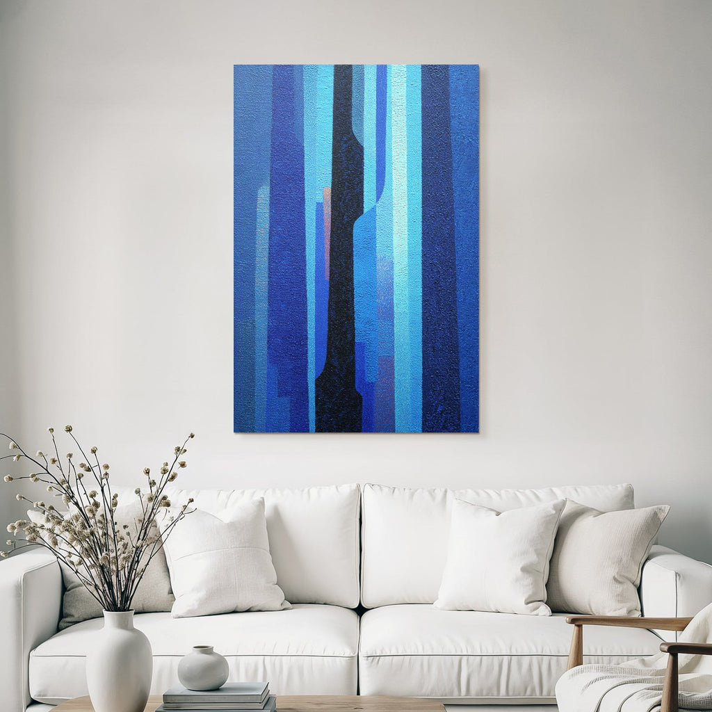 Blau Abstracte Malerei In Blau Und Schwarz Mit Vertikalen Linien