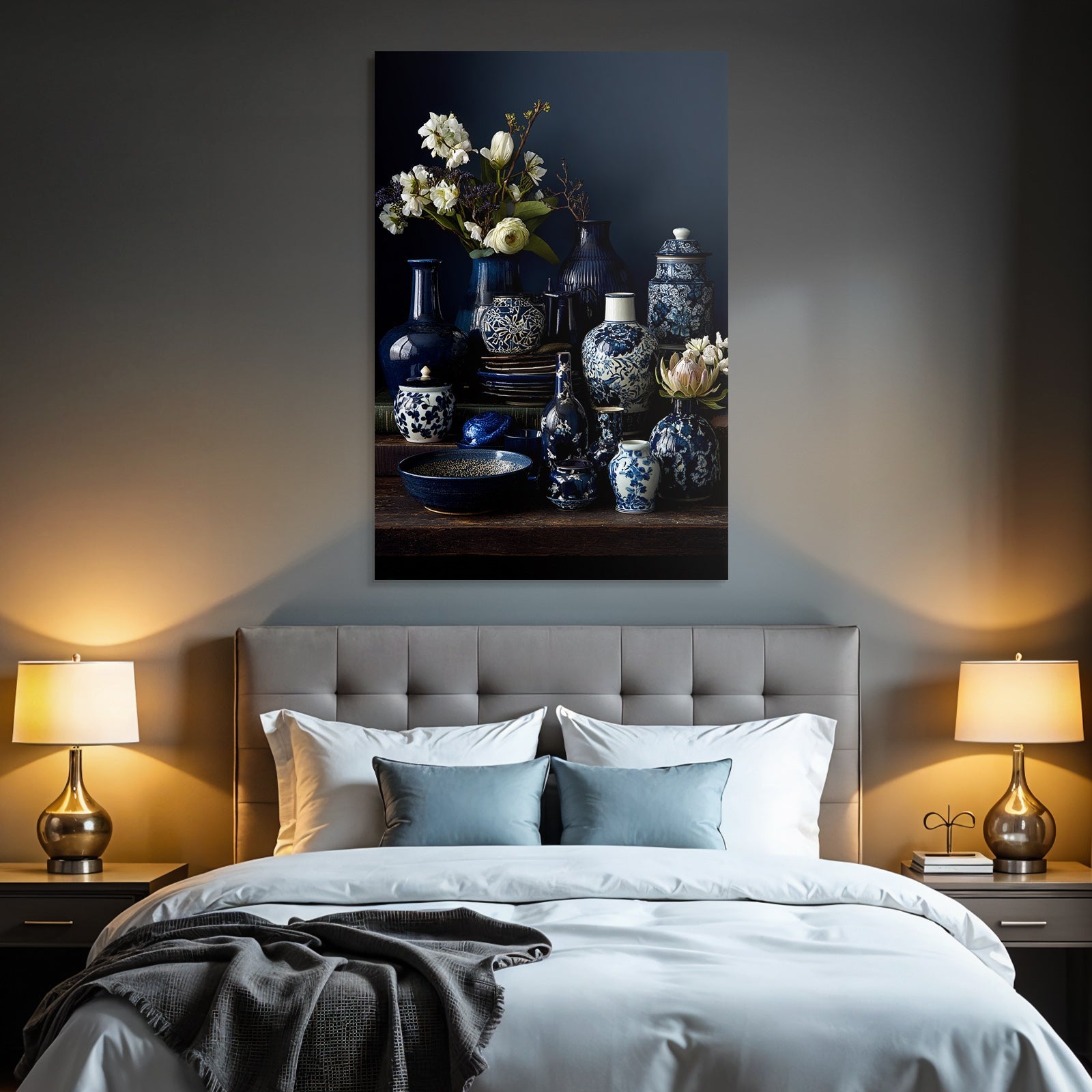 Blau Blaü Und Weisse Keramiken Mit Blumen Auf Dunklem Hintergrund