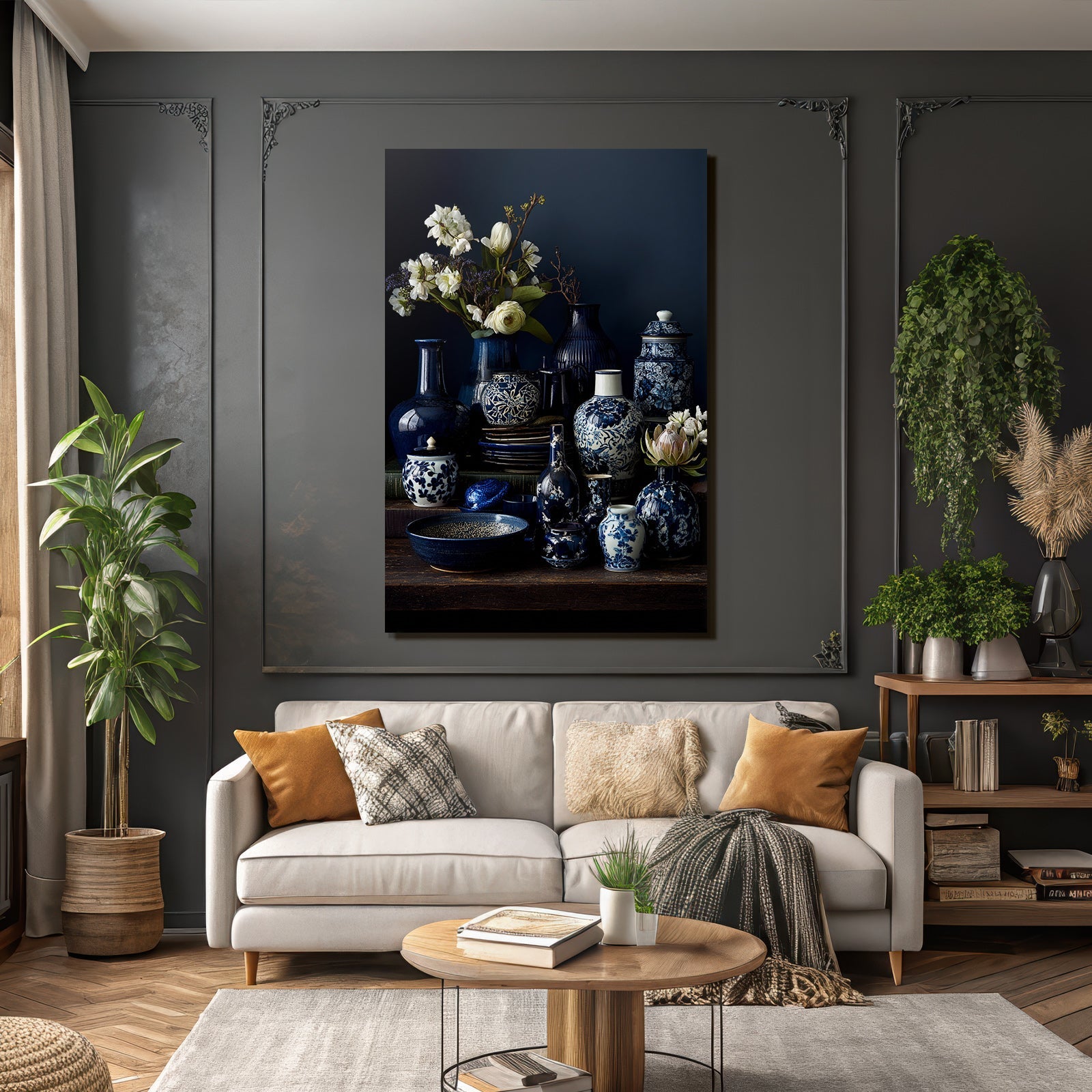 Blau Blaü Und Weisse Keramiken Mit Blumen Auf Dunklem Hintergrund