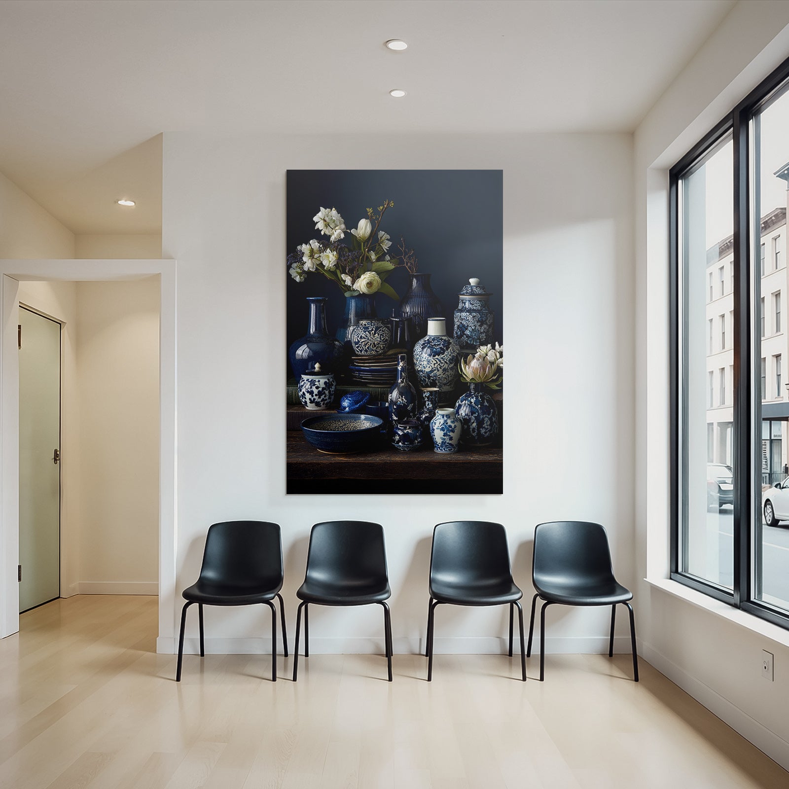 Blau Blaü Und Weisse Keramiken Mit Blumen Auf Dunklem Hintergrund