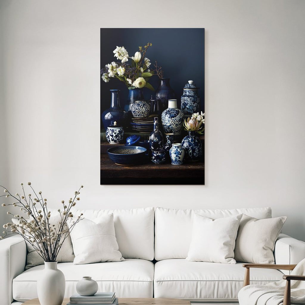 Blau Blaü Und Weisse Keramiken Mit Blumen Auf Dunklem Hintergrund