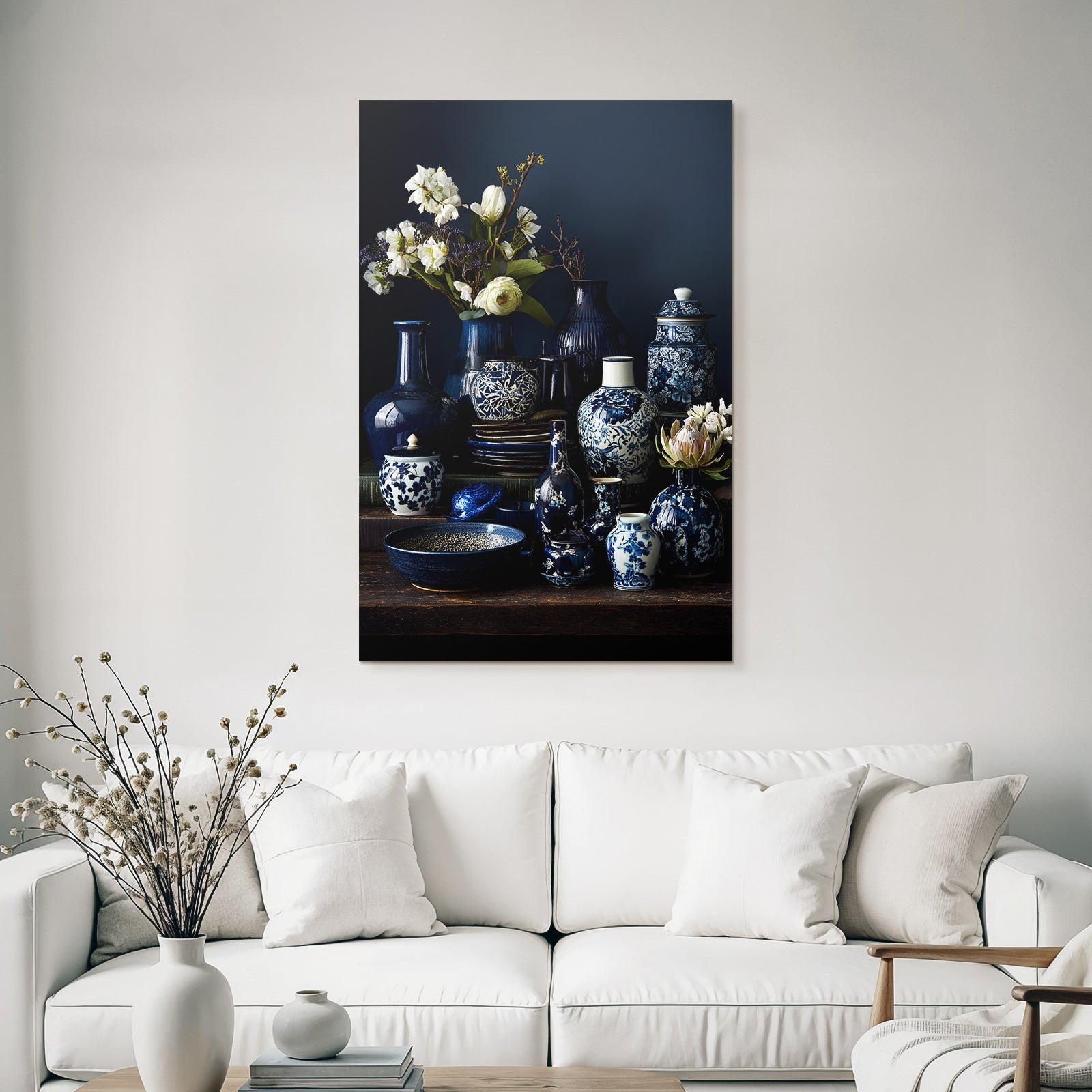 Blau Blaü Und Weisse Keramiken Mit Blumen Auf Dunklem Hintergrund
