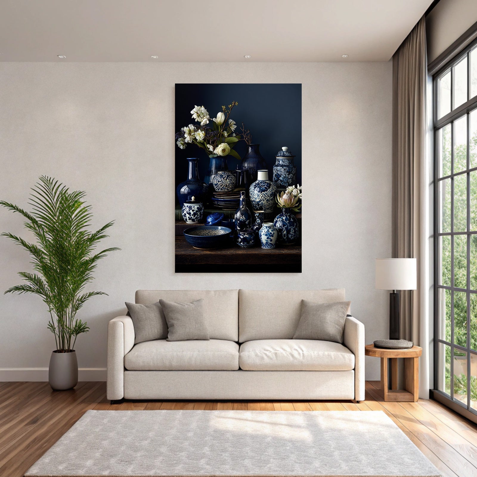 Blau Blaü Und Weisse Keramiken Mit Blumen Auf Dunklem Hintergrund