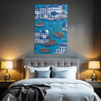 Blue Colorful Waterfront Scene Boats Buildings Greenery Illustration