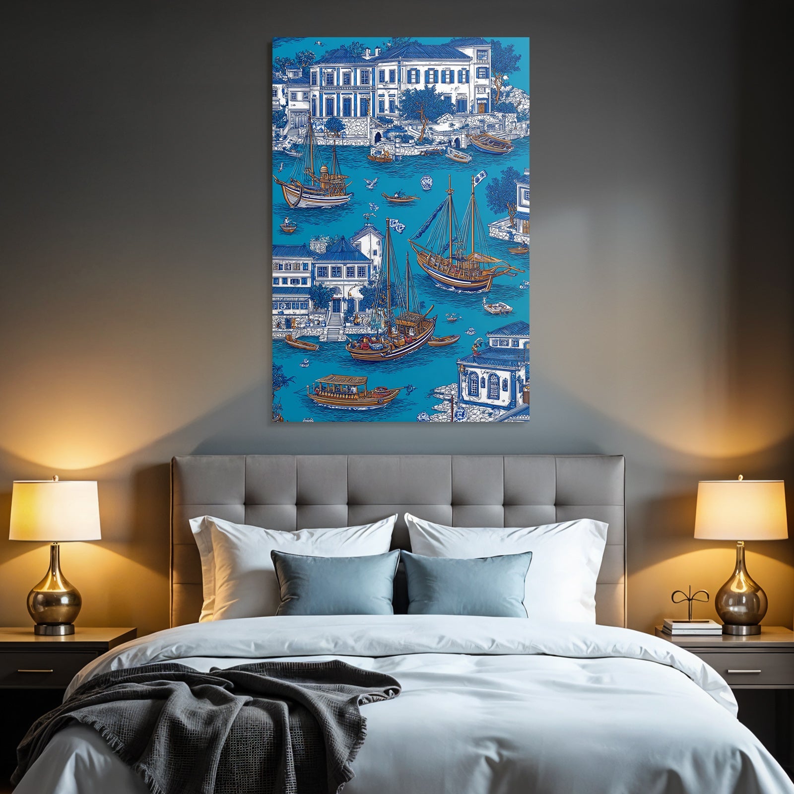 Blau Colorful Waterfront Scene Boats Buildings Greenery Illustration