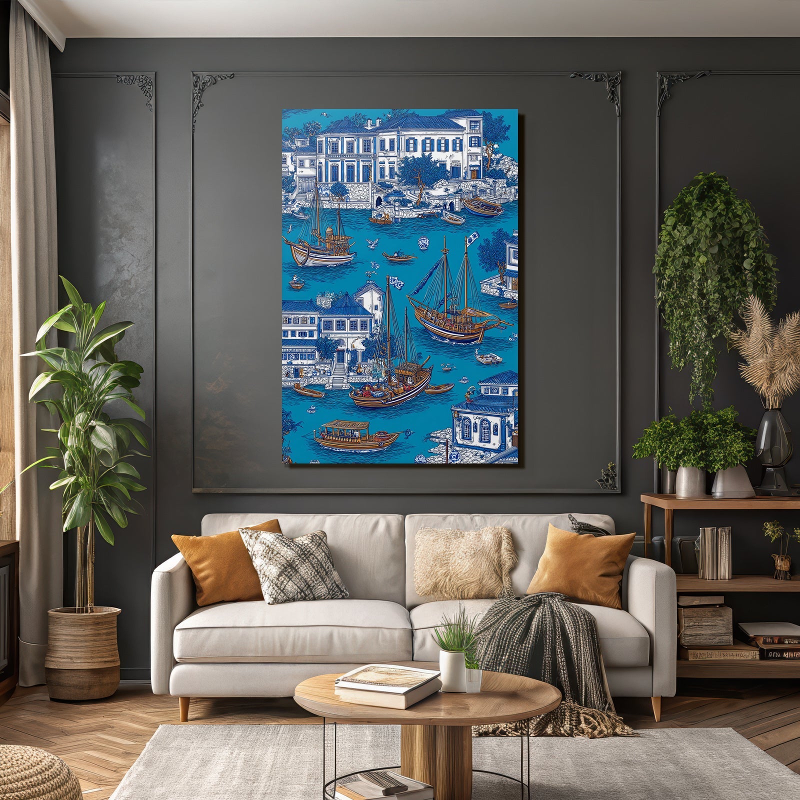Blau Colorful Waterfront Scene Boats Buildings Greenery Illustration