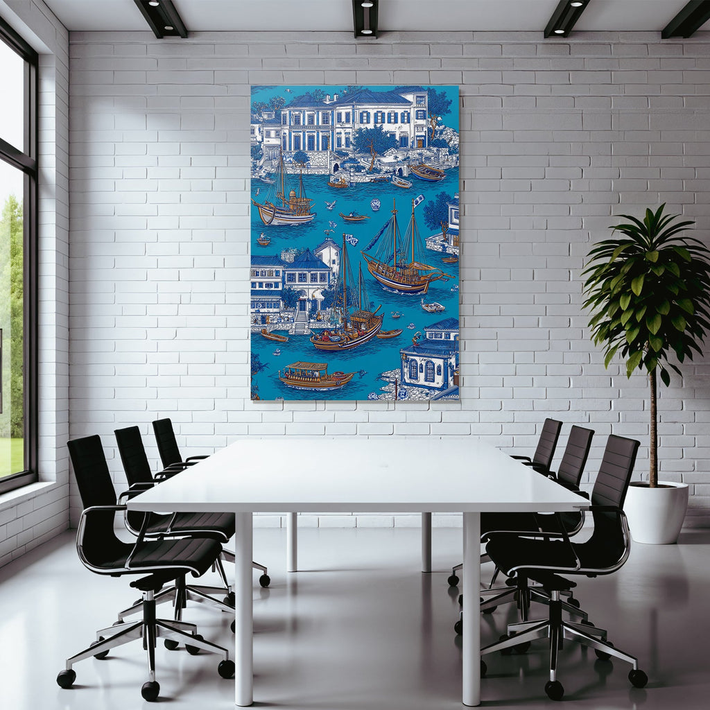 Blue Colorful Waterfront Scene Boats Buildings Greenery Illustration