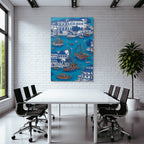 Blue Colorful Waterfront Scene Boats Buildings Greenery Illustration