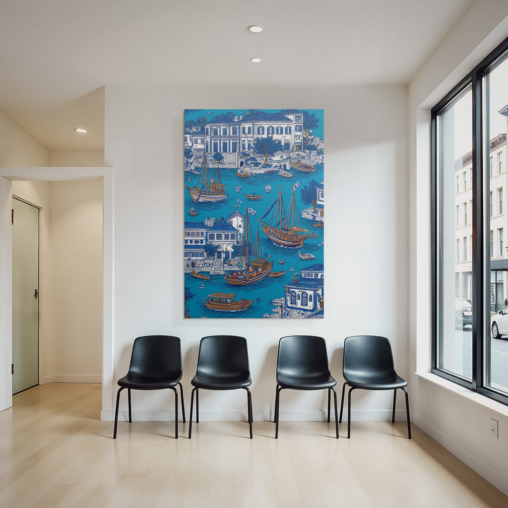 Blue Colorful Waterfront Scene Boats Buildings Greenery Illustration