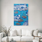 Blue Colorful Waterfront Scene Boats Buildings Greenery Illustration