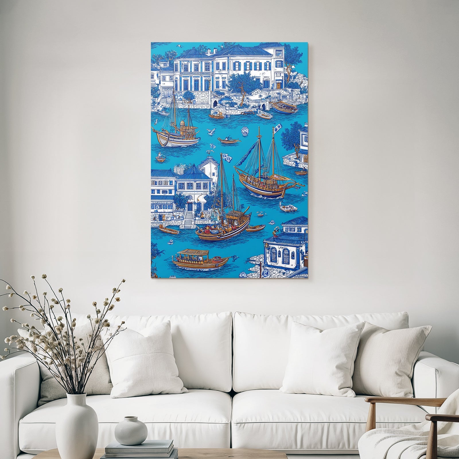 Blau Colorful Waterfront Scene Boats Buildings Greenery Illustration