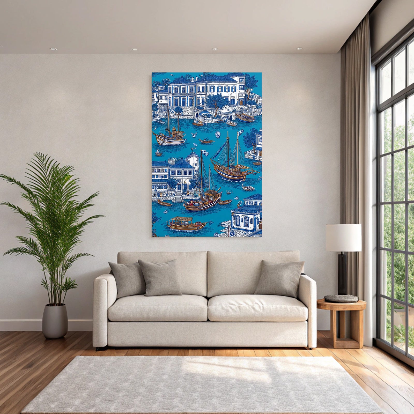 Blau Colorful Waterfront Scene Boats Buildings Greenery Illustration