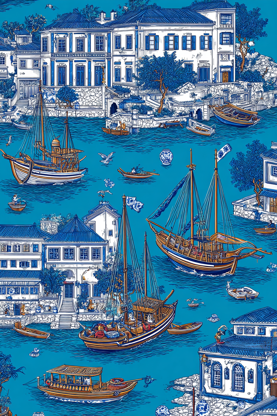 Blau Colorful Waterfront Scene Boats Buildings Greenery Illustration | Petrol Maritim Delfter Blau | Farbenwelten
