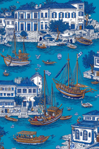 Blau Colorful Waterfront Scene Boats Buildings Greenery Illustration | Petrol Maritim Delfter Blau | Farbenwelten