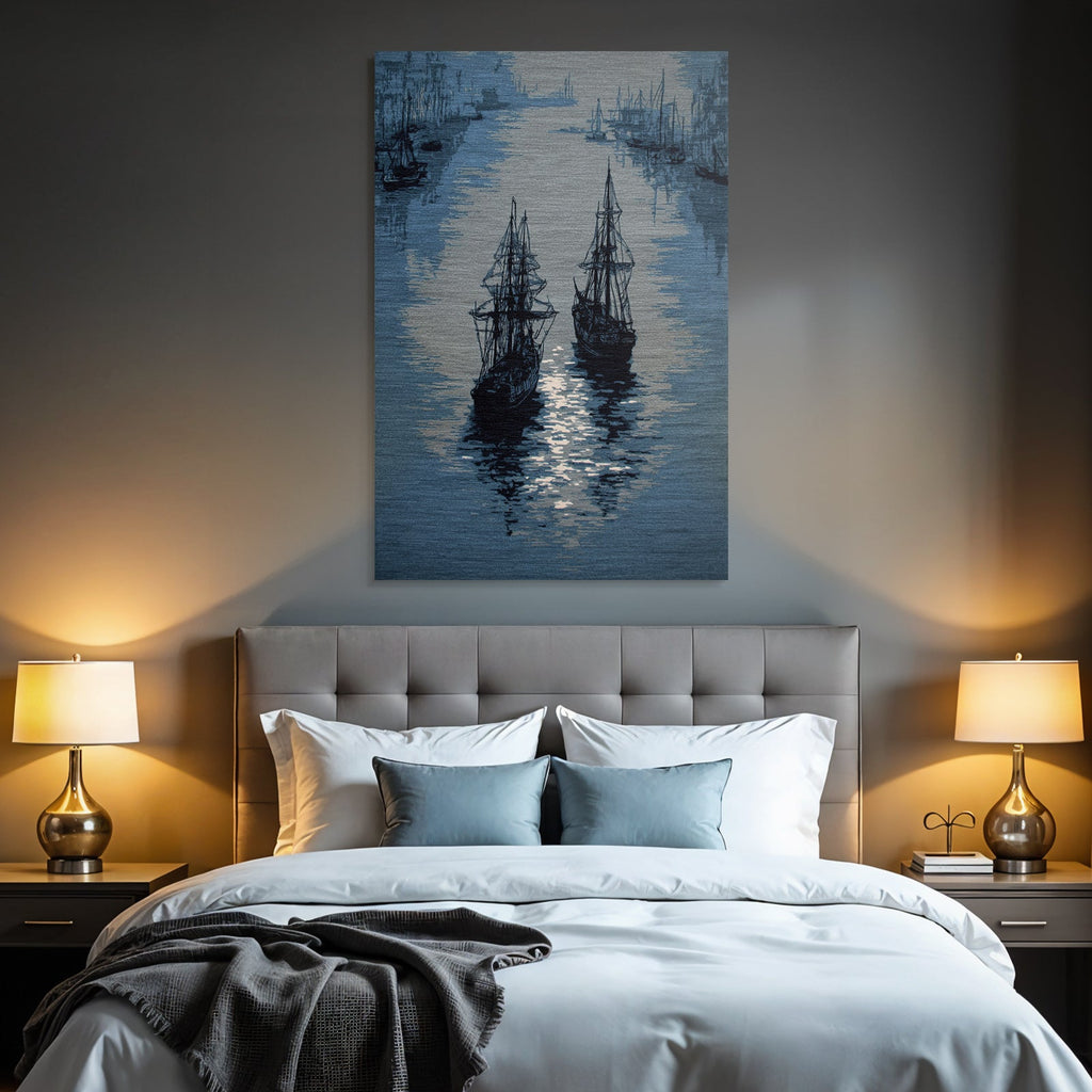 Blue Maritime Scene With Ships On Water In Blue And Gray Tones