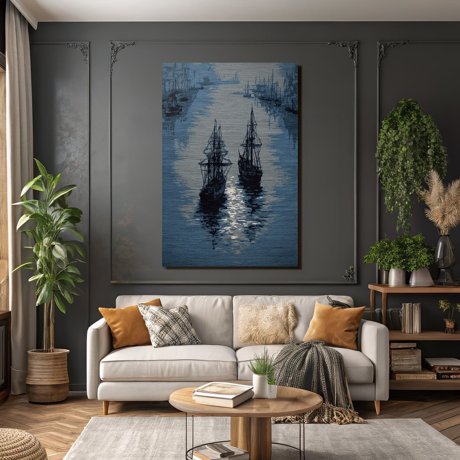 Blau Maritime Szene Mit Schiffen Auf Wasser In Blaün Und Graün Tönen