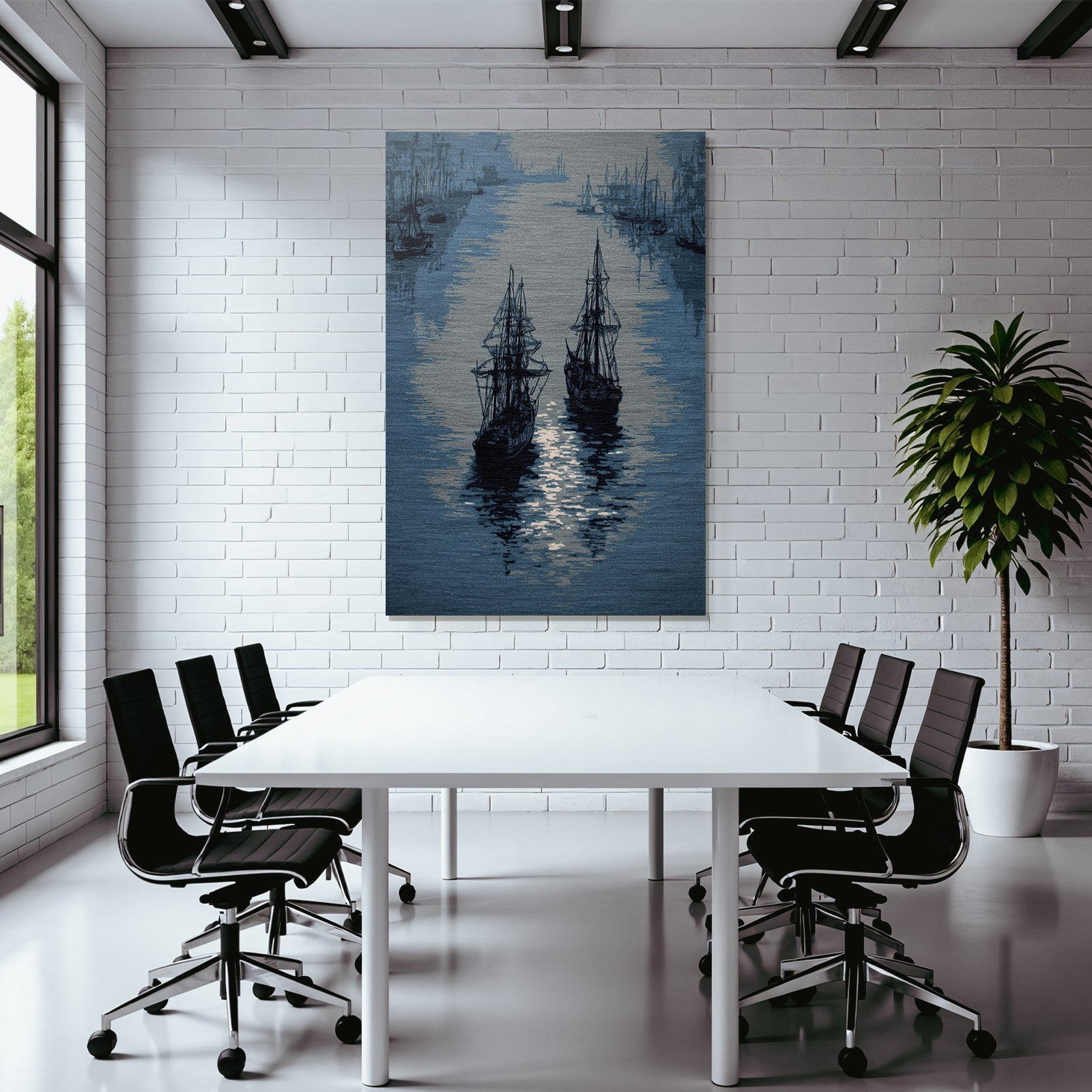 Blau Maritime Szene Mit Schiffen Auf Wasser In Blaün Und Graün Tönen