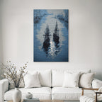 Blue Maritime Scene With Ships On Water In Blue And Gray Tones
