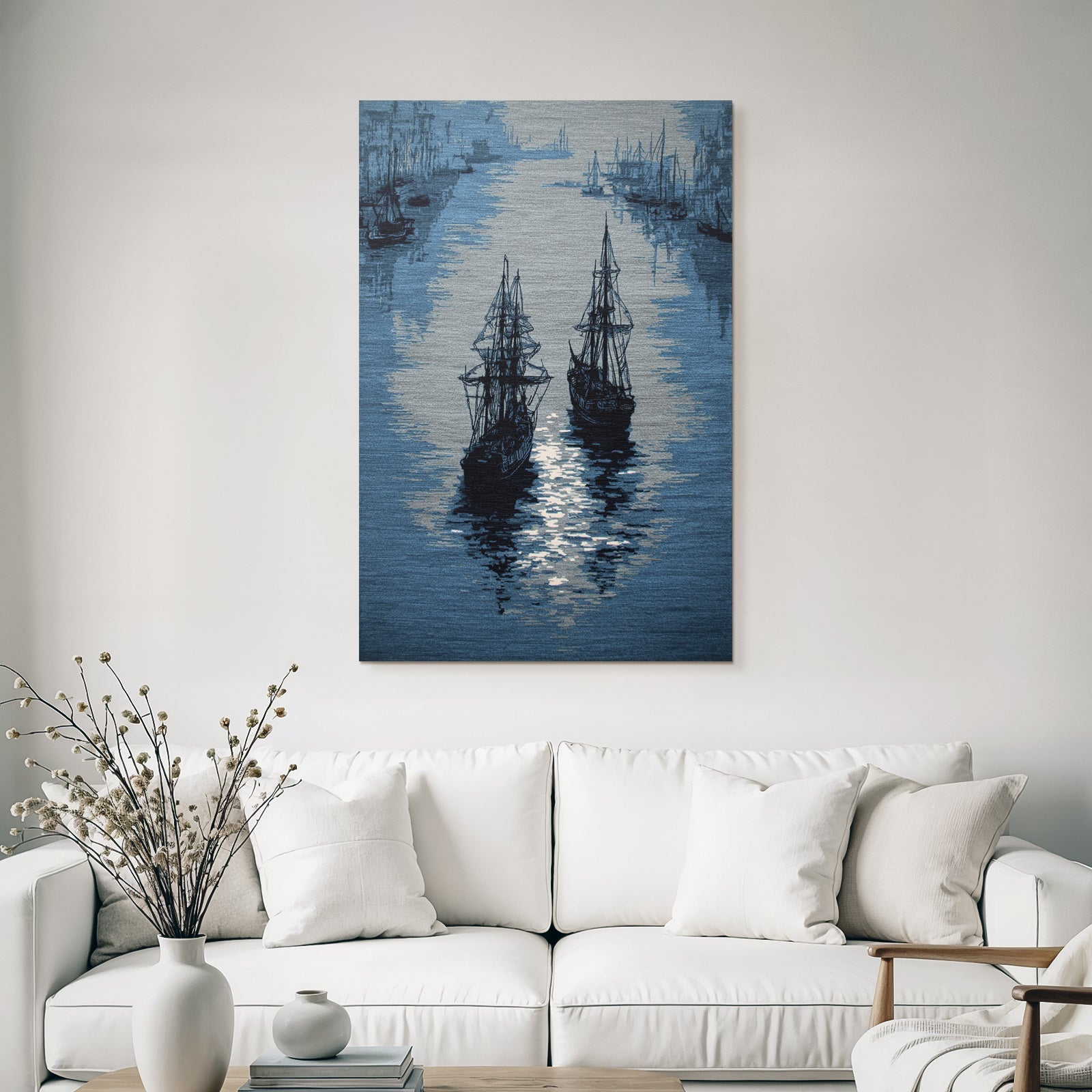 Blau Maritime Szene Mit Schiffen Auf Wasser In Blaün Und Graün Tönen