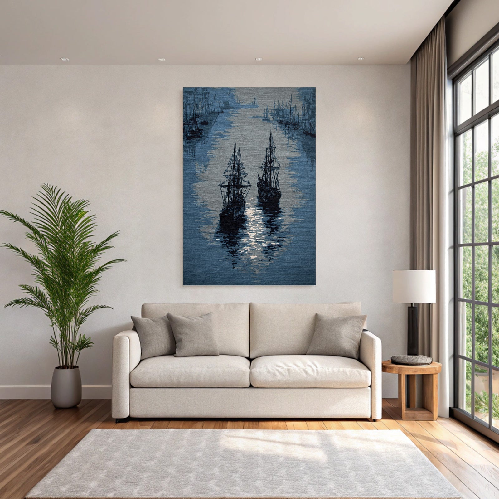 Blau Maritime Szene Mit Schiffen Auf Wasser In Blaün Und Graün Tönen