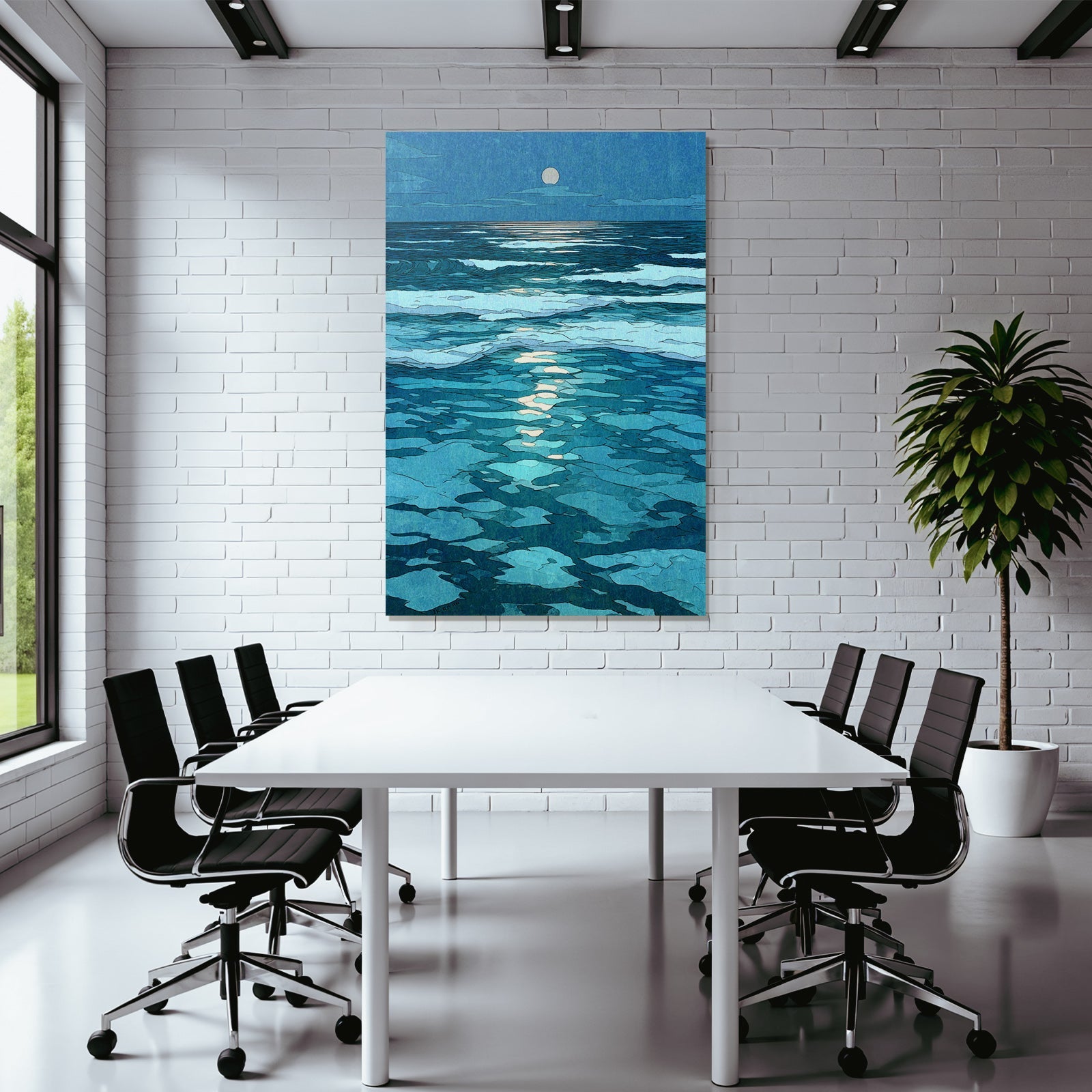 Blau Nachtszenene Am Meer Mit Vollmond Und Ruhigen Wellen