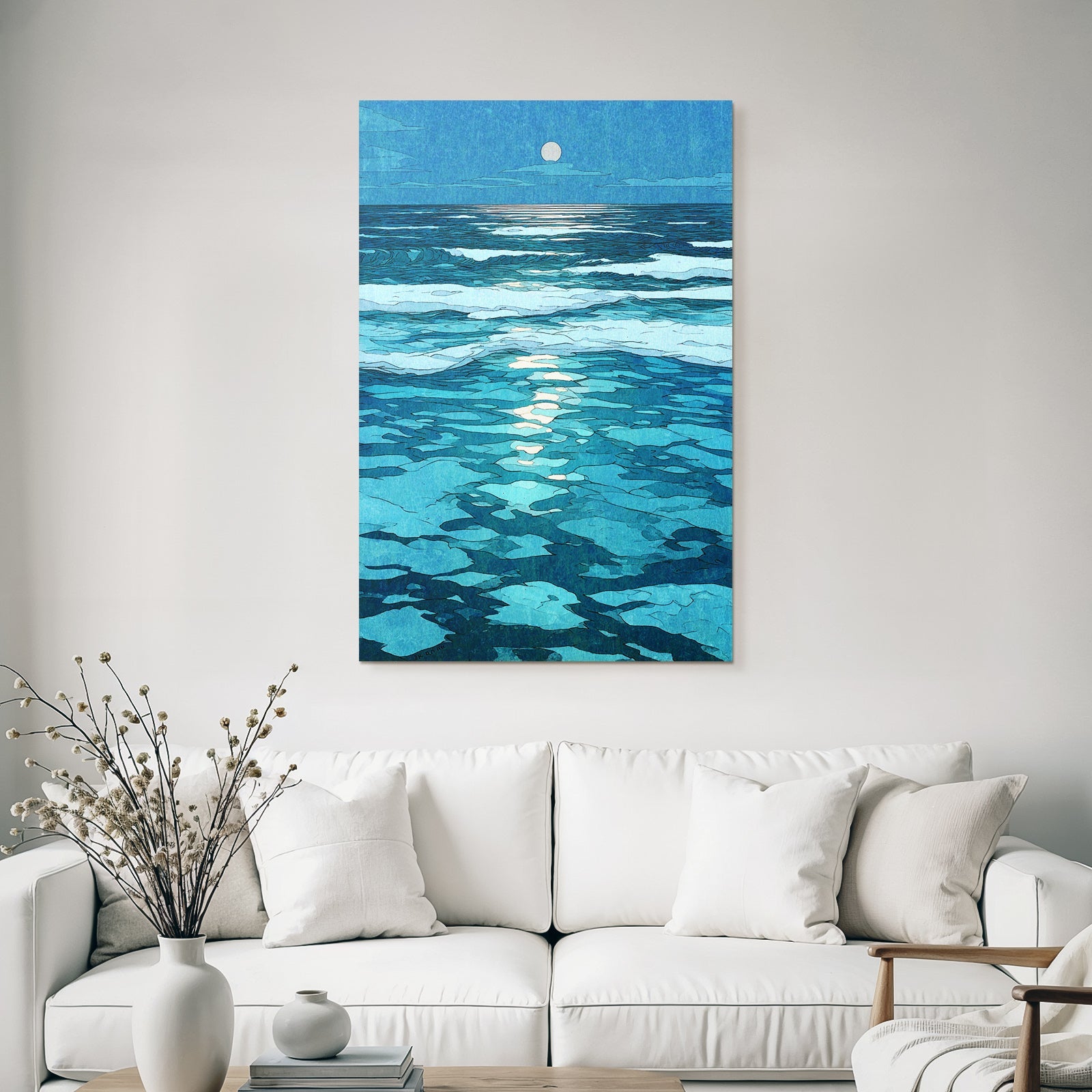 Blau Nachtszenene Am Meer Mit Vollmond Und Ruhigen Wellen