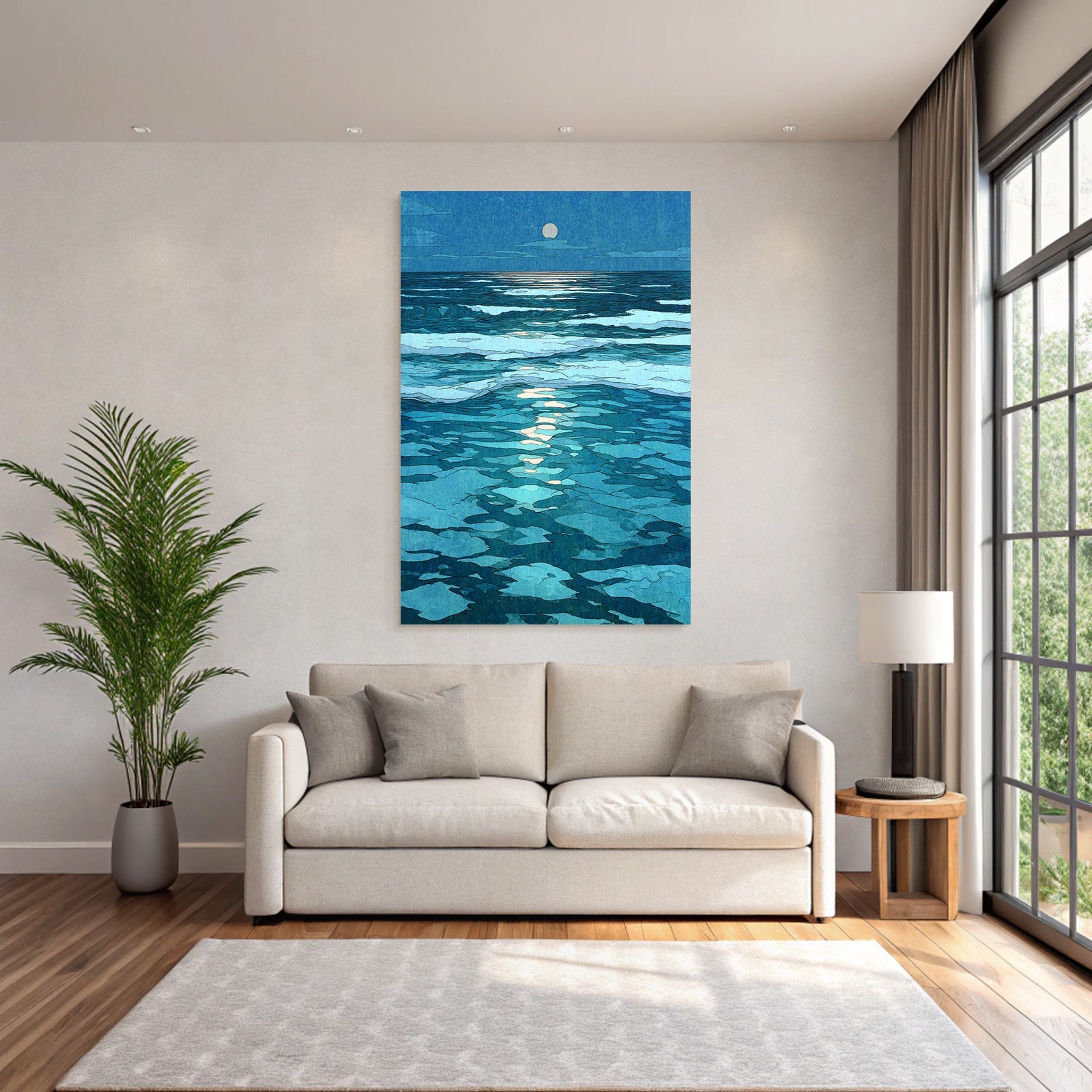 Blau Nachtszenene Am Meer Mit Vollmond Und Ruhigen Wellen